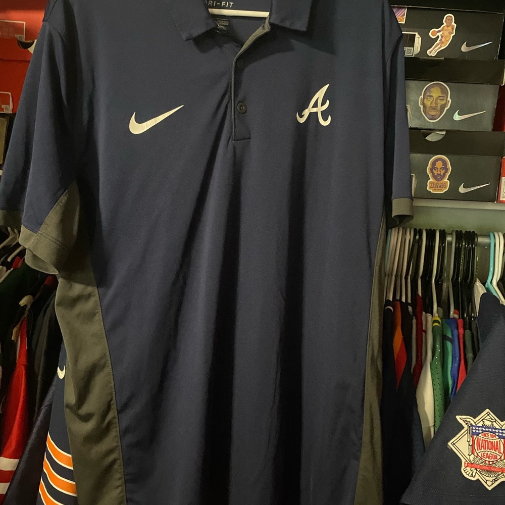 Nike Dri Fit Atlanta Braves Blue and Gray Polo Shirt Athletic Performance